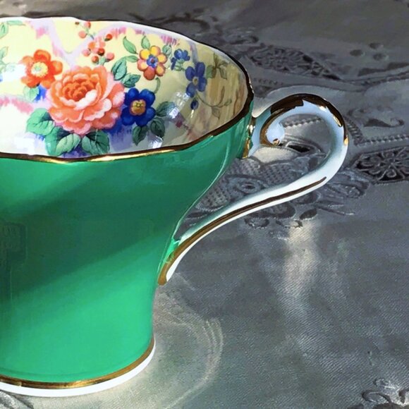 AYNSLEY Tea Cup & Saucer, Green, Cabbage Rose, Bone China, England Pattern B5304 - Picture 7 of 15